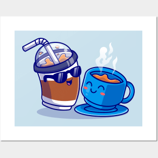 Cute Ice Coffee With Hot Coffee Cartoon Posters and Art